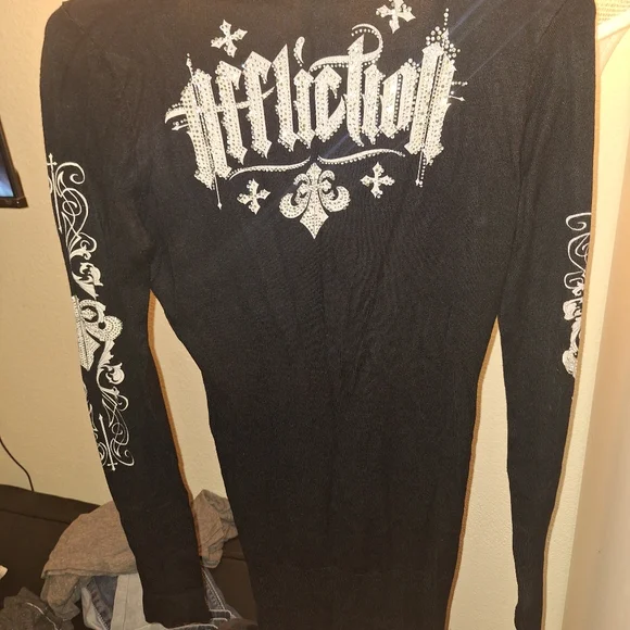 Affliction Black Rhinestone V Neck Sweater - Picture 3 of 5